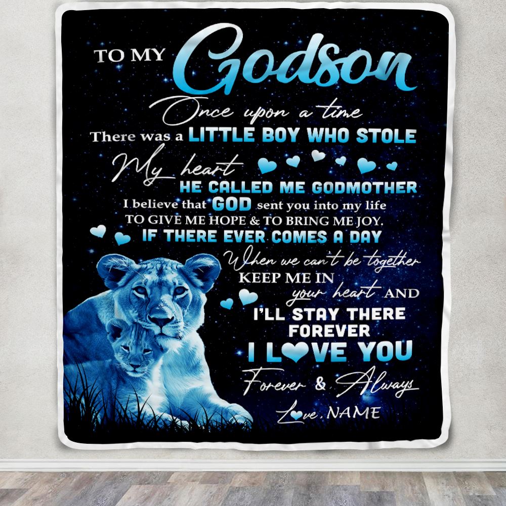 Personalized To My Godson Lion Blanket From Godmother I'll Stay There Forever Godson Birthday Graduation Christmas Customized Bed Quilt Fleece Throw Blanket | siriusteestore