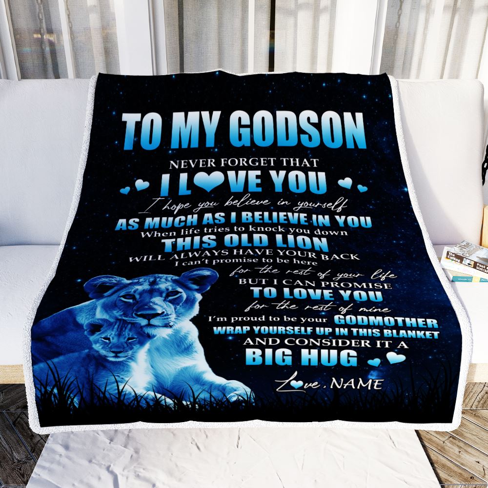 Personalized To My Godson Lion Blanket From Godmother Never Forget I Love You Godson Birthday Graduation Christmas Customized Bed Fleece Throw Blanket | siriusteestore