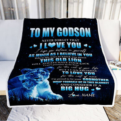 Personalized To My Godson Lion Blanket From Godmother Never Forget I Love You Godson Birthday Graduation Christmas Customized Bed Fleece Throw Blanket | siriusteestore