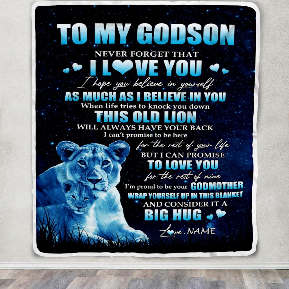 Personalized To My Godson Lion Blanket From Godmother Never Forget I Love You Godson Birthday Graduation Christmas Customized Bed Fleece Throw Blanket | siriusteestore