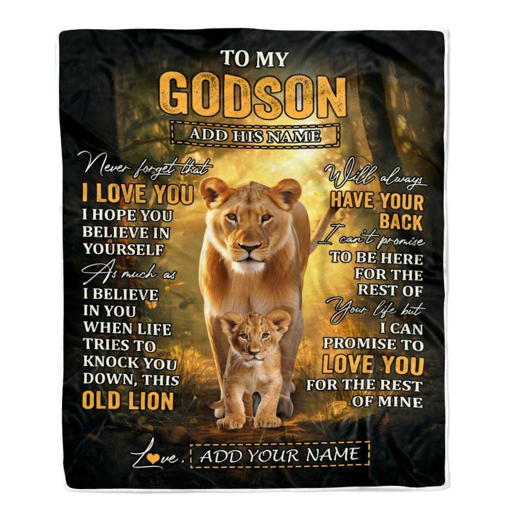 Personalized To My Godson Lion Blanket From Godmother Never Forget That I Love You Godson Birthday Gifts Graduation Christmas Customized Fleece Throw Blanket | siriusteestore