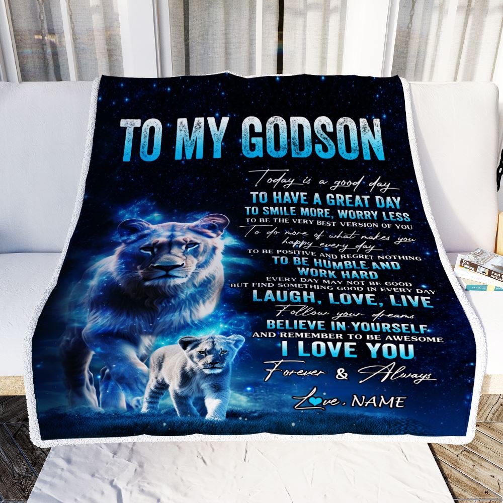 Personalized To My Godson Lion Blanket From Godmother Today Is A Good Day Godson Gifts Birthday Graduation Christmas Customized Bed Fleece Throw Blanket | siriusteestore