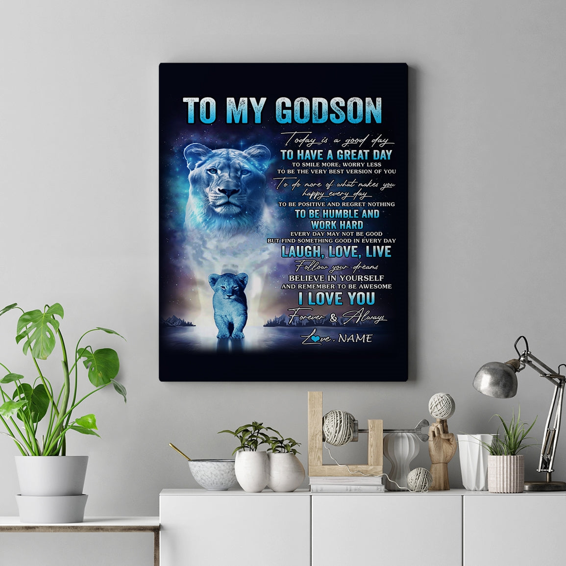 Personalized To My Godson Lion Canvas From Godmother Every Day Laugh Love Live Godson Birthday Gifts Graduation Christmas Custom Wall Art Print Framed Canvas | siriusteestore