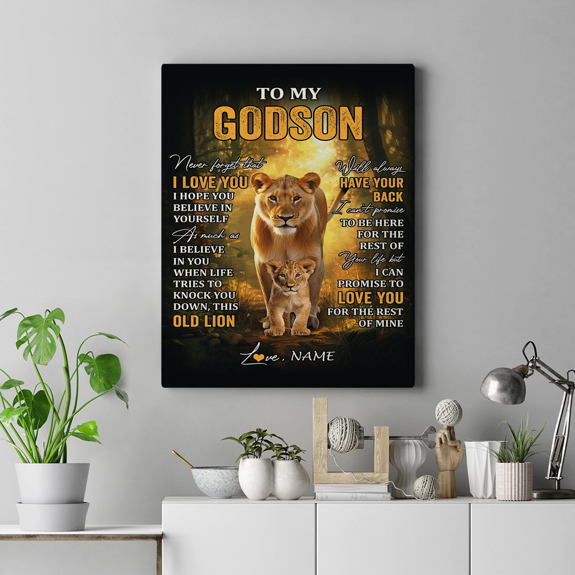 Personalized To My Godson Lion Canvas From Godmother Never Forget That I Love You Godson Birthday Gifts Graduation Christmas Custom Wall Art Print Framed Canvas | siriusteestore