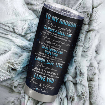 Personalized To My Godson Lion From Godfather Stainless Steel Tumbler Cup Every Day Laugh Love Live Godson Birthday Graduation Christmas Travel Mug | siriusteestore