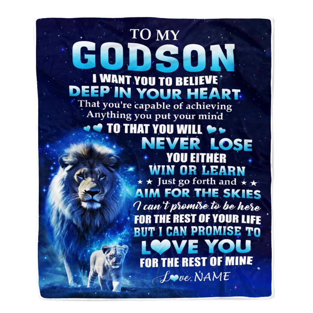 Personalized To My Godson Lion From Godfather Uncle Blanket Believe Your Heart Godson Gift Birthday Graduation Christmas Customized Fleece Throw Blanket | siriusteestore