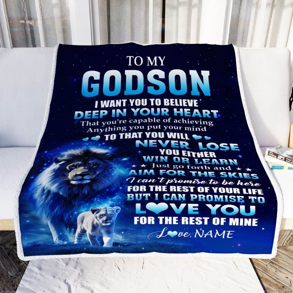 Personalized To My Godson Lion From Godfather Uncle Blanket Believe Your Heart Godson Gift Birthday Graduation Christmas Customized Fleece Throw Blanket | siriusteestore