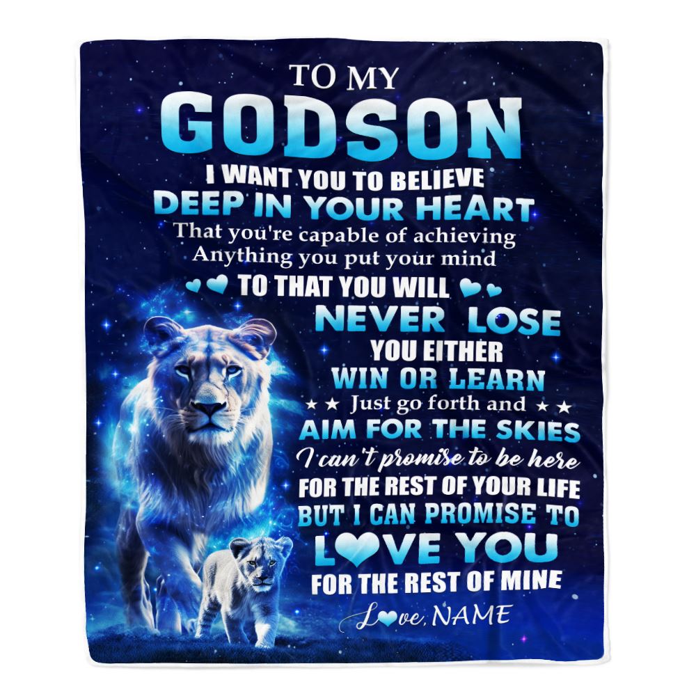 Personalized To My Godson Lion From Godmother Aunt Blanket Believe Your Heart Godson Gift Birthday Graduation Christmas Customized Fleece Throw Blanket | siriusteestore
