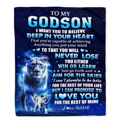 Personalized To My Godson Lion From Godmother Aunt Blanket Believe Your Heart Godson Gift Birthday Graduation Christmas Customized Fleece Throw Blanket | siriusteestore