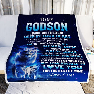 Personalized To My Godson Lion From Godmother Aunt Blanket Believe Your Heart Godson Gift Birthday Graduation Christmas Customized Fleece Throw Blanket | siriusteestore