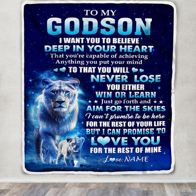 Personalized To My Godson Lion From Godmother Aunt Blanket Believe Your Heart Godson Gift Birthday Graduation Christmas Customized Fleece Throw Blanket | siriusteestore