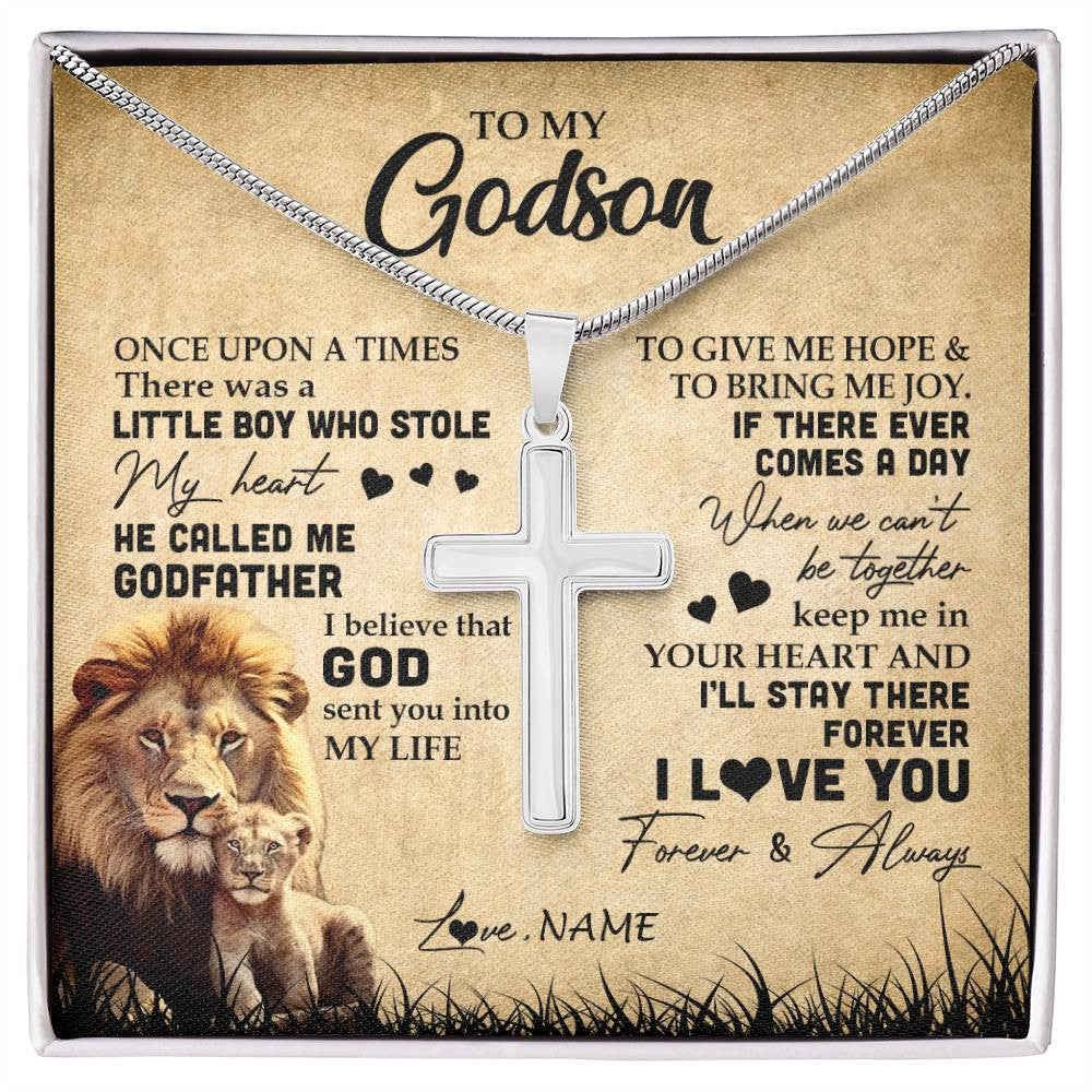Stainless Cross Necklace | Personalized To My Godson Lion Necklace From Godfather I'll Stay There Forever Godson Birthday Graduation Christmas Customized Gift Box Message Card | siriusteestore