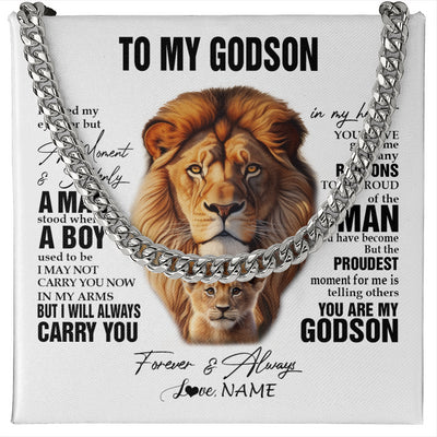 Cuban Link Chain Necklace Stainless Steel | 1 | Personalized To My Godson Lion Necklace From Godfather Uncle I Closed My Eyes Great Godson Birthday Graduation Christmas Customized Gift Box Message Card | siriusteestore