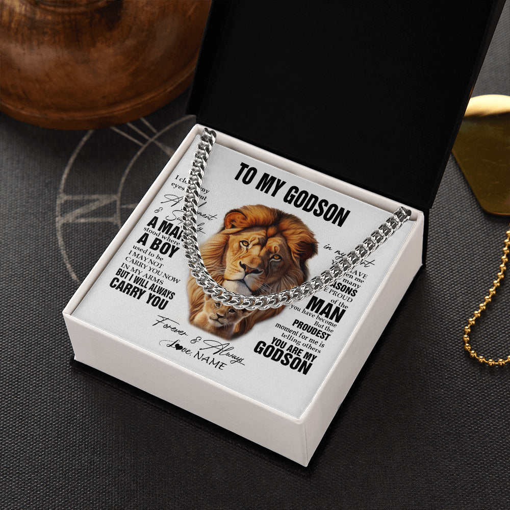 Cuban Link Chain Necklace Stainless Steel | 2 | Personalized To My Godson Lion Necklace From Godfather Uncle I Closed My Eyes Great Godson Birthday Graduation Christmas Customized Gift Box Message Card | siriusteestore