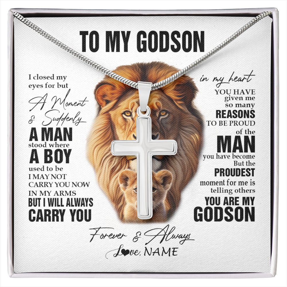 Stainless Cross Necklace Stainless Steel | 1 | Personalized To My Godson Lion Necklace From Godfather Uncle I Closed My Eyes Great Godson Birthday Graduation Christmas Customized Gift Box Message Card | siriusteestore