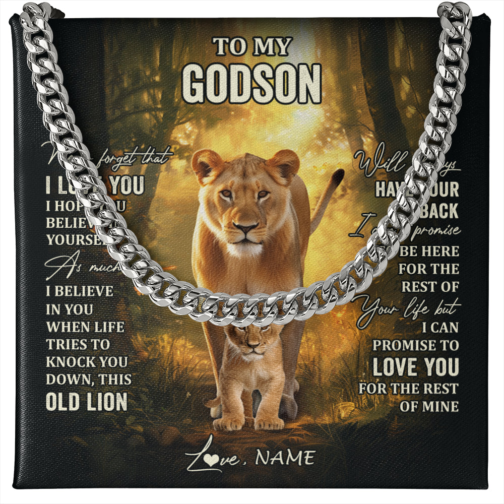 Cuban Link Chain Necklace Stainless Steel | 1 | Personalized To My Godson Lion Necklace From Godmother Never Forget That I Love You Godson Birthday Graduation Christmas Customized Gift Box Message Card | siriusteestore