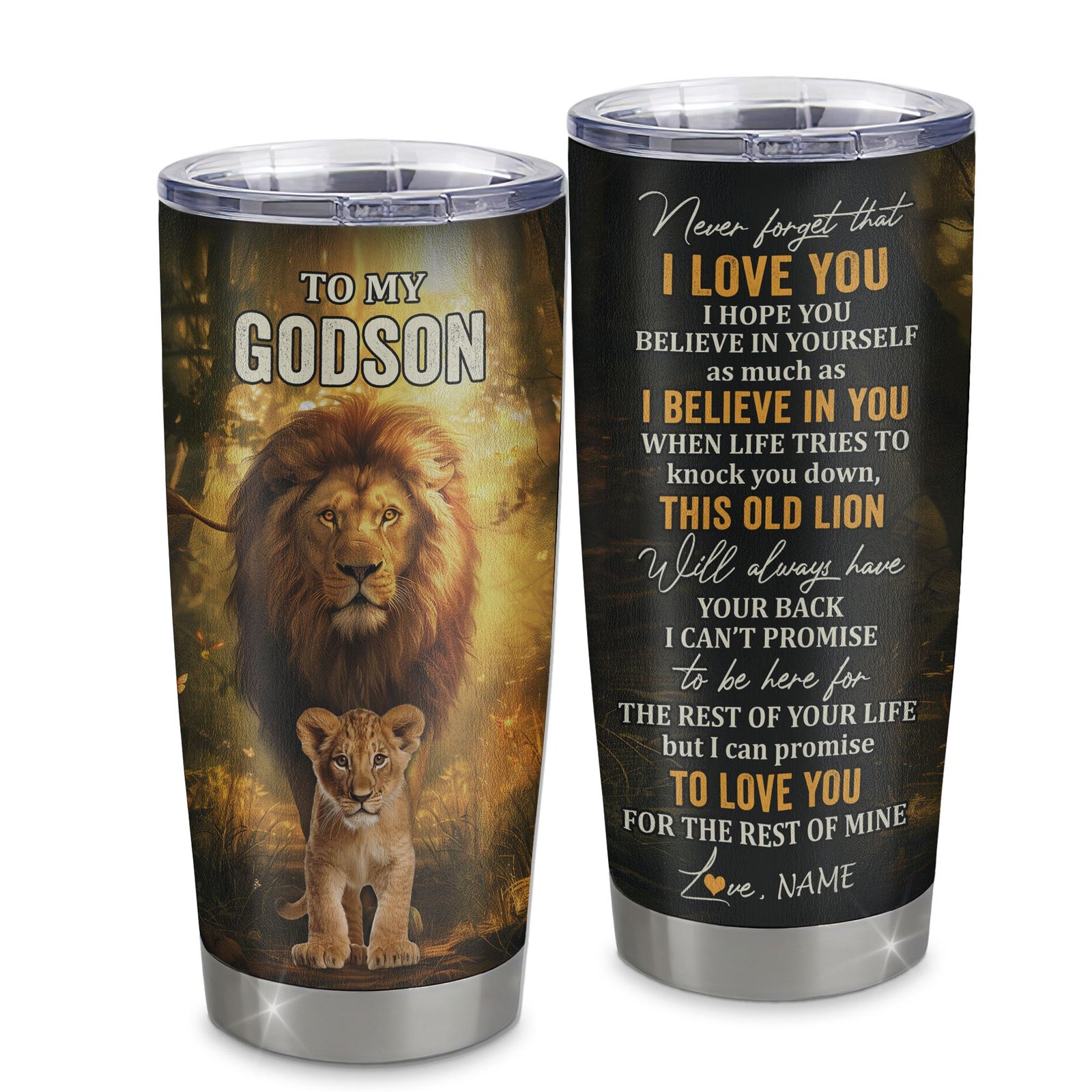 Personalized To My Godson Lion Tumbler From Godfather Never Forget That I Love You Godson Birthday Gifts Graduation Christmas Custom Stainless Steel Cup Travel Mug | siriusteestore