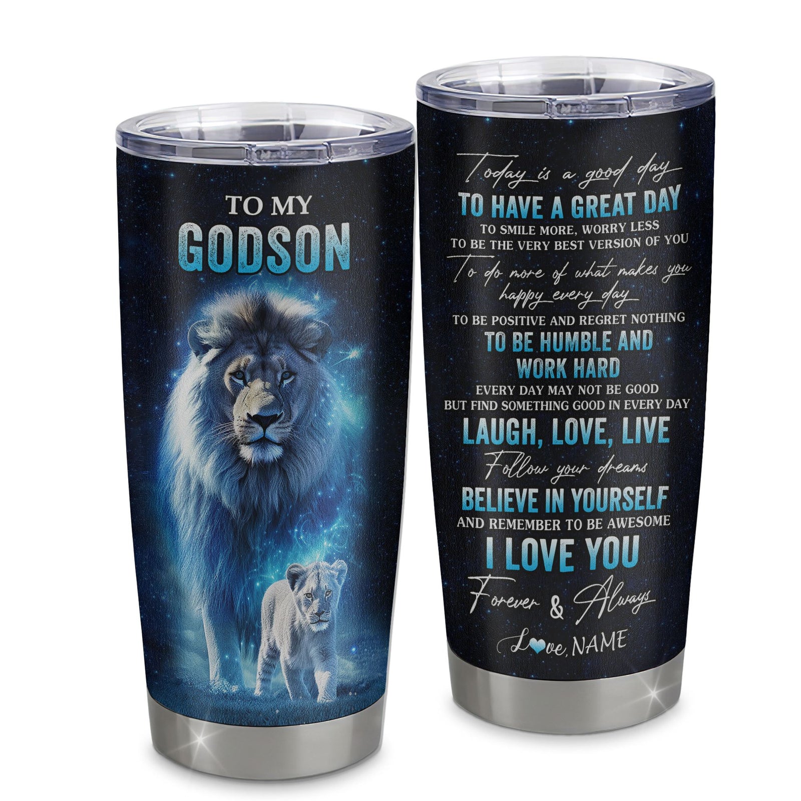 Personalized To My Godson Lion Tumbler From Godfather Stainless Steel Cup Today Is A Good Day Godson Gifts Birthday Graduation Christmas Custom Travel Mug | siriusteestore