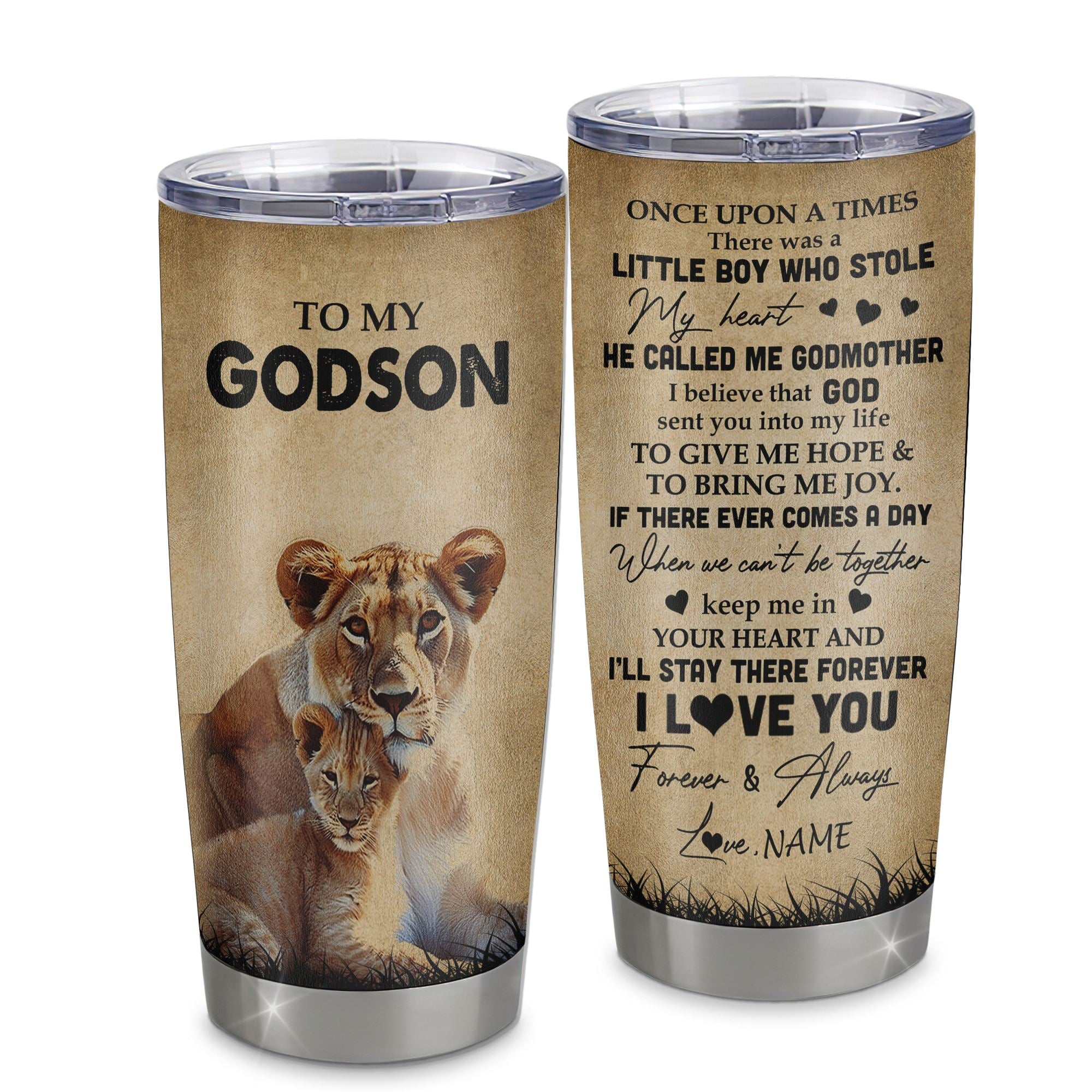 Personalized To My Godson Lion Tumbler From Godmother Stainless Steel Cup I'll Stay There Forever Godson Birthday Graduation Christmas Travel Mug | siriusteestore