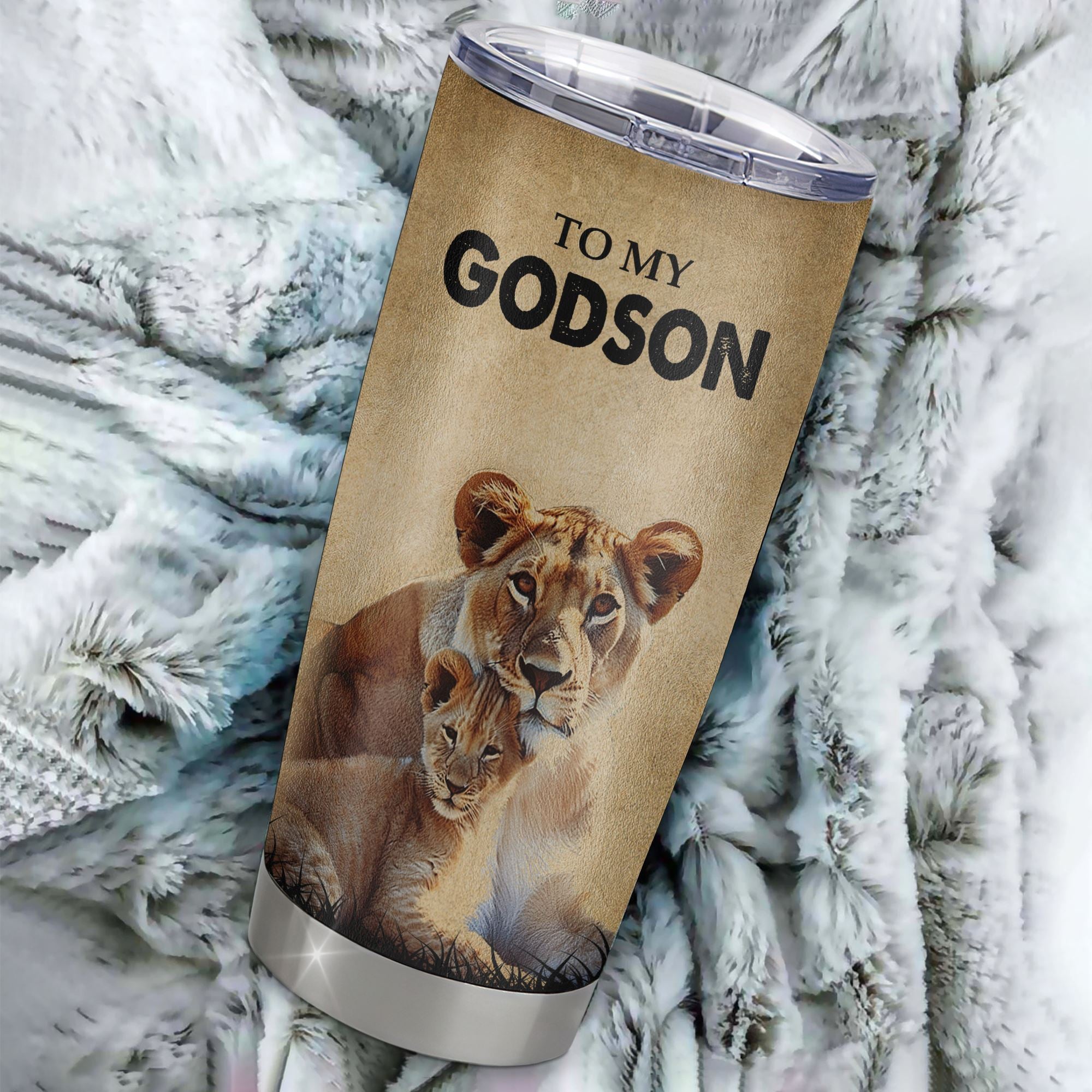 Personalized To My Godson Lion Tumbler From Godmother Stainless Steel Cup I'll Stay There Forever Godson Birthday Graduation Christmas Travel Mug | siriusteestore