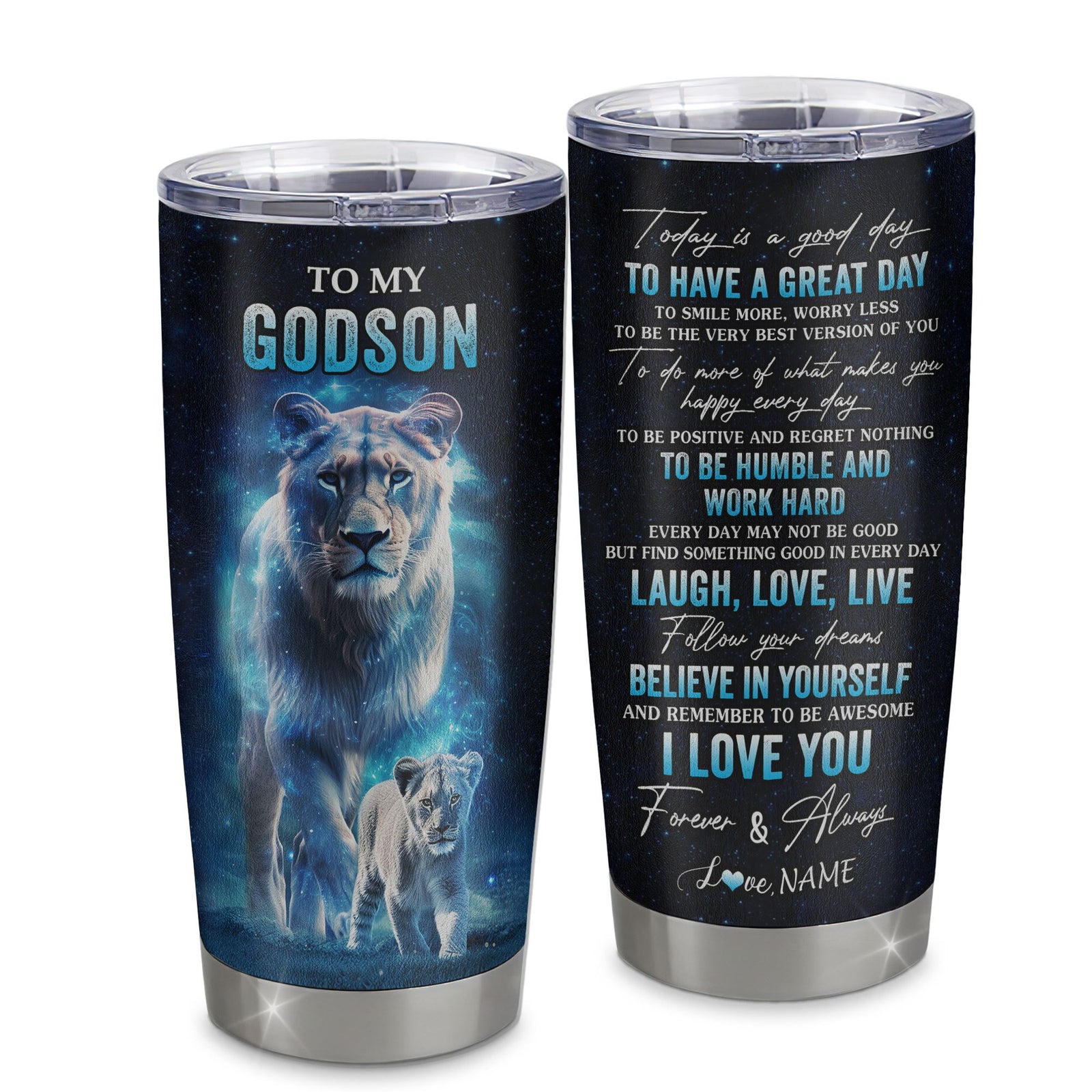 Personalized To My Godson Lion Tumbler From Godmother Stainless Steel Cup Today Is A Good Day Godson Gifts Birthday Graduation Christmas Custom Travel Mug | siriusteestore