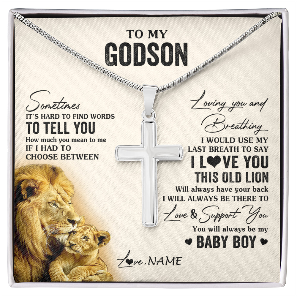 Stainless Cross Necklace Stainless Steel | 1 | Personalized To My Godson Necklace From Godfather I Love You This Old Lion Godson Birthday Graduation Christmas Customized Gift Box Message Card | siriusteestore