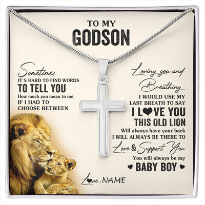 Stainless Cross Necklace Stainless Steel | 1 | Personalized To My Godson Necklace From Godfather I Love You This Old Lion Godson Birthday Graduation Christmas Customized Gift Box Message Card | siriusteestore