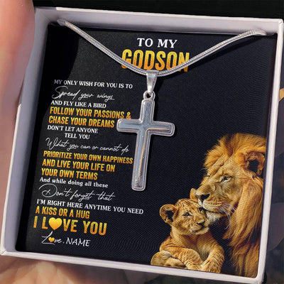 Stainless Cross Necklace Stainless Steel | 2 | Personalized To My Godson Necklace From Godfather Lion My Only Wish For You Godchild Birthday Graduation Christmas Customized Gift Box Message Card | siriusteestore