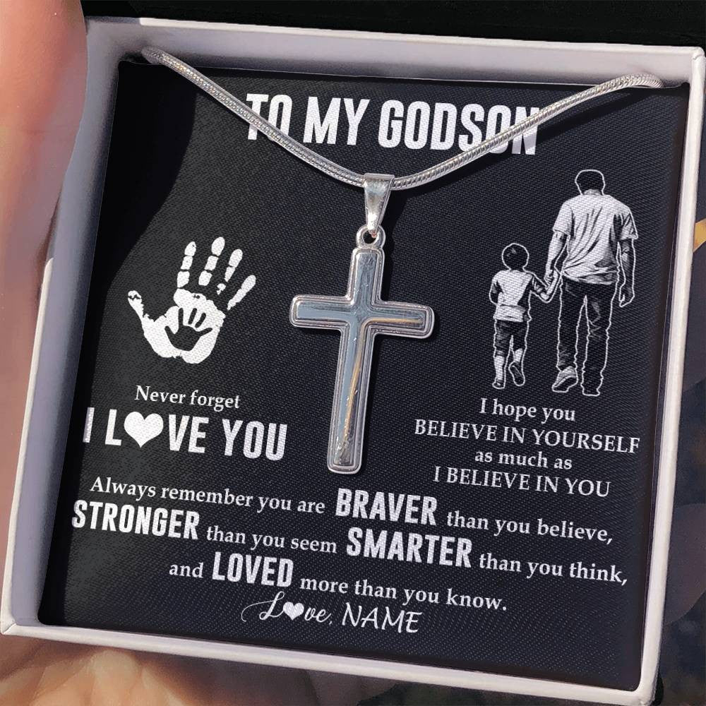 Stainless Cross Necklace Stainless Steel | 2 | Personalized To My Godson Necklace From Godfather Never Forget I Love You Godson Birthday Gifts Christmas New Year Graduation Customized Gift Box Message Card | siriusteestore