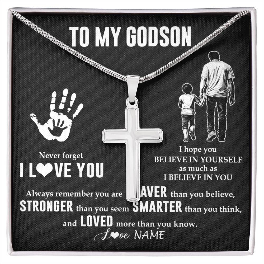 Stainless Cross Necklace Stainless Steel | 1 | Personalized To My Godson Necklace From Godfather Never Forget I Love You Godson Birthday Gifts Christmas New Year Graduation Customized Gift Box Message Card | siriusteestore