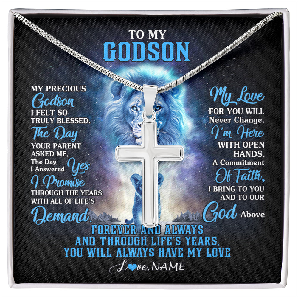 Stainless Cross Necklace Stainless Steel | 1 | Personalized To My Godson Necklace From Godfather Uncle Aunt Lion My Precious Godson Birthday Graduation Christmas Customized Gift Box Message Card | siriusteestore