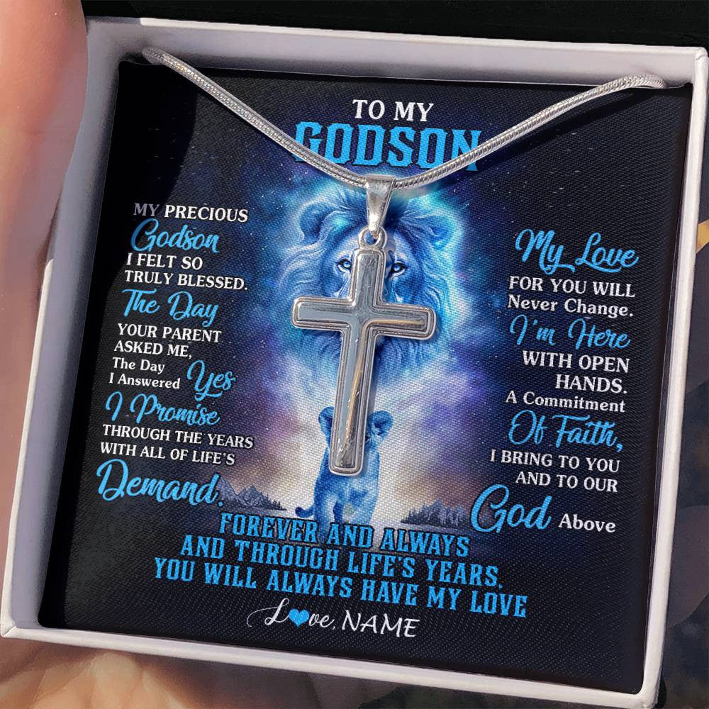 Stainless Cross Necklace Stainless Steel | 2 | Personalized To My Godson Necklace From Godfather Uncle Aunt Lion My Precious Godson Birthday Graduation Christmas Customized Gift Box Message Card | siriusteestore