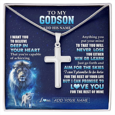 Stainless Cross Necklace Stainless Steel | 1 | Personalized To My Godson Necklace From Godfather Uncle Believe Your Heart Godson Gift Birthday Graduation Christmas Customized Gift Box Message Card | siriusteestore.myshopify