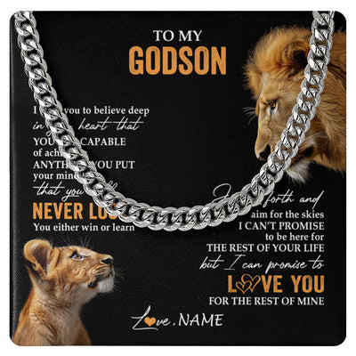 Cuban Link Chain Necklace Stainless Steel | 1 | Personalized To My Godson Necklace From Godfather Uncle You Will Never Lose Lion Godson Birthday Gifts Graduation Christmas Customized Gift Box Message Card | siriusteestore