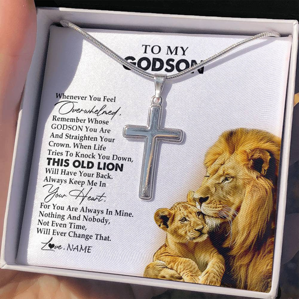 Stainless Cross Necklace Stainless Steel | 2 | Personalized To My Godson Necklace From Godfather Whenever You Fell Overwhelmed Lion Godson Birthday Graduation Christmas Customized Gift Box Message Card | siriusteestore