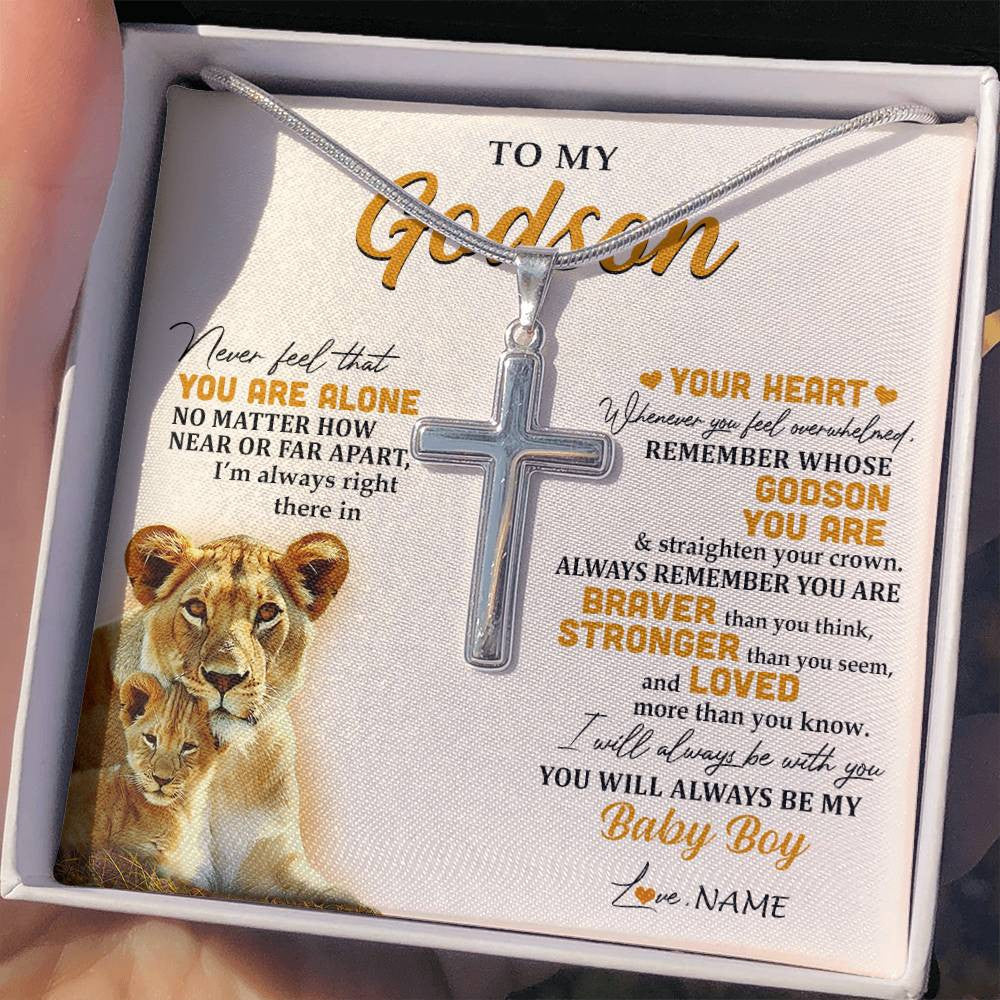 Stainless Cross Necklace Stainless Steel | 2 | Personalized To My Godson Necklace From Godmother Aunt Lion Never Feel That You Are Alone Great Godson Birthday Christmas Customized Gift Box Message Card | siriusteestore