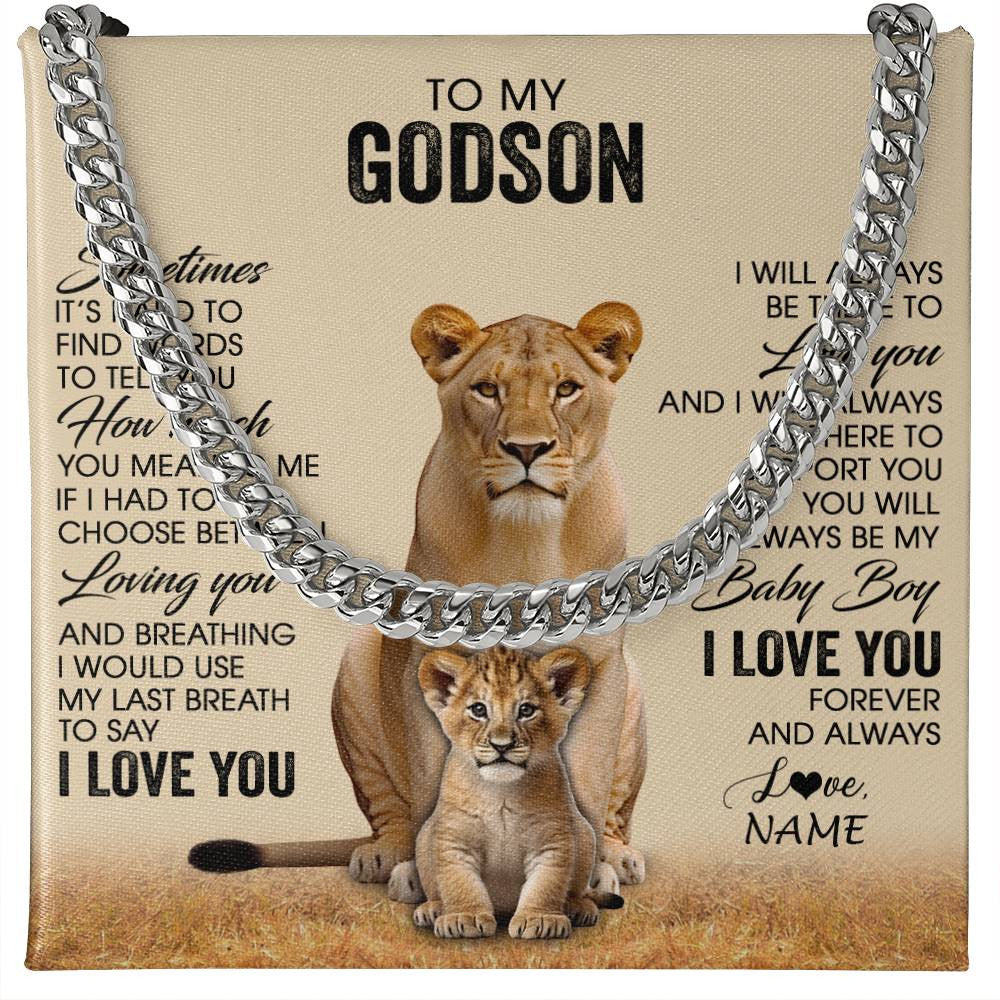 Cuban Link Chain Necklace Stainless Steel | 1 | Personalized To My Godson Necklace From Godmother Aunt Sometimes It's Hard Lion Godson Gift Birthday Jewelry Christmas Customized Gift Box Message Card | siriusteestore