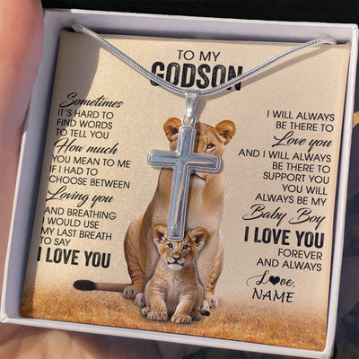 Stainless Cross Necklace Stainless Steel | 2 | Personalized To My Godson Necklace From Godmother Aunt Sometimes It's Hard Lion Godson Gift Birthday Jewelry Christmas Customized Gift Box Message Card | siriusteestore