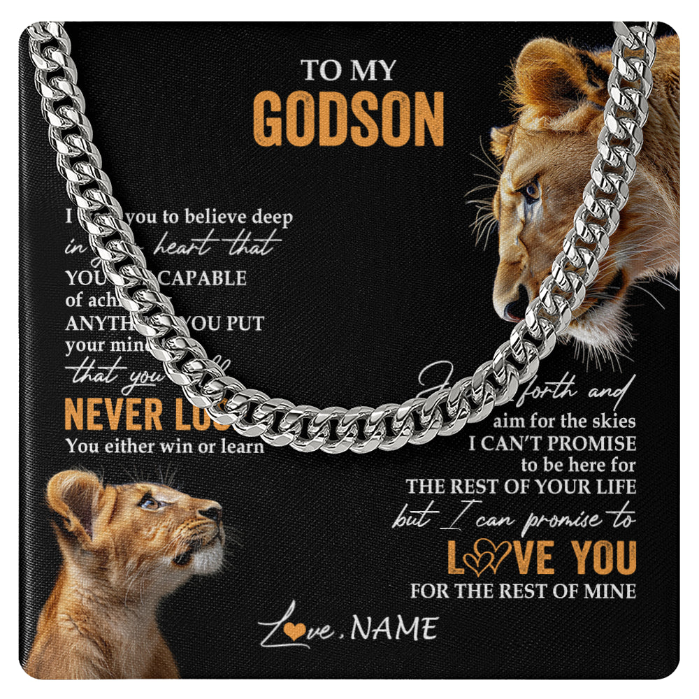 Cuban Link Chain Necklace Stainless Steel | 1 | Personalized To My Godson Necklace From Godmother Aunt You Will Never Lose Lion Godson Birthday Gifts Graduation Christmas Customized Gift Box Message Card | siriusteestore