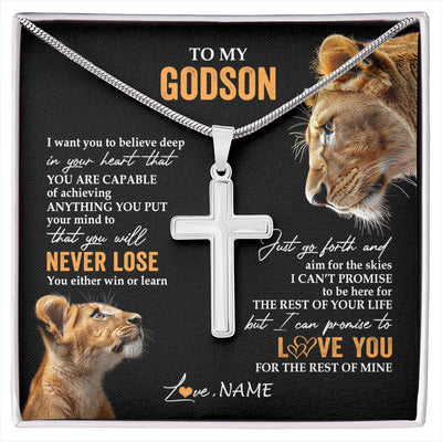 Stainless Cross Necklace Stainless Steel | 1 | Personalized To My Godson Necklace From Godmother Aunt You Will Never Lose Lion Godson Birthday Gifts Graduation Christmas Customized Gift Box Message Card | siriusteestore