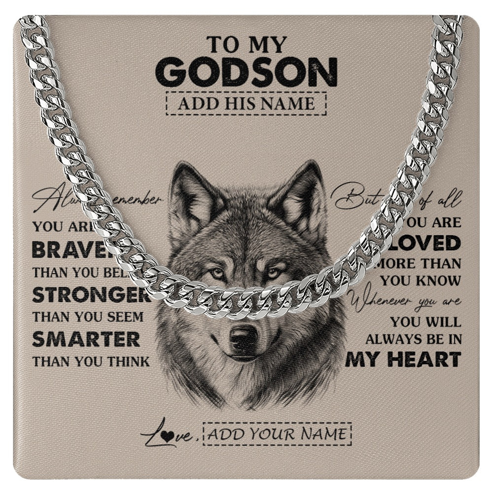 Cuban Link Chain Necklace Stainless Steel | 1 | Personalized To My Godson Necklace From Godmother Godfather Wolf Braver Stronger Smarter Godson Birthday Graduation Christmas Custom Gift Box Message Card | siriusteestore.myshopify