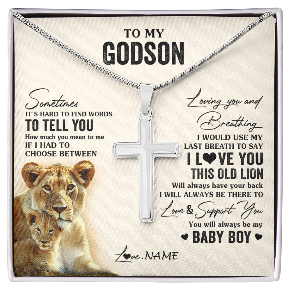 Stainless Cross Necklace Stainless Steel | 1 | Personalized To My Godson Necklace From Godmother I Love You This Old Lion Godson Birthday Graduation Christmas Customized Gift Box Message Card | siriusteestore