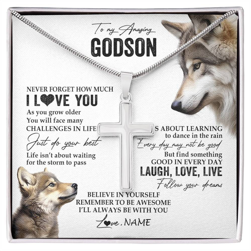 Stainless Cross Necklace Stainless Steel | 1 | Personalized To My Godson Necklace From Godmother Just Do You Best Laugh Love Live Wolf Godchild Birthday Graduation Christmas Customized Gift Box Message Card | siriusteestore