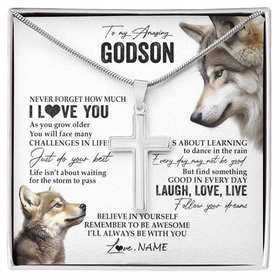 Stainless Cross Necklace Stainless Steel | 1 | Personalized To My Godson Necklace From Godmother Just Do You Best Laugh Love Live Wolf Godchild Birthday Graduation Christmas Customized Gift Box Message Card | siriusteestore
