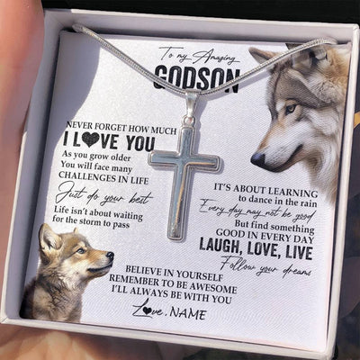 Stainless Cross Necklace Stainless Steel | 2 | Personalized To My Godson Necklace From Godmother Just Do You Best Laugh Love Live Wolf Godchild Birthday Graduation Christmas Customized Gift Box Message Card | siriusteestore