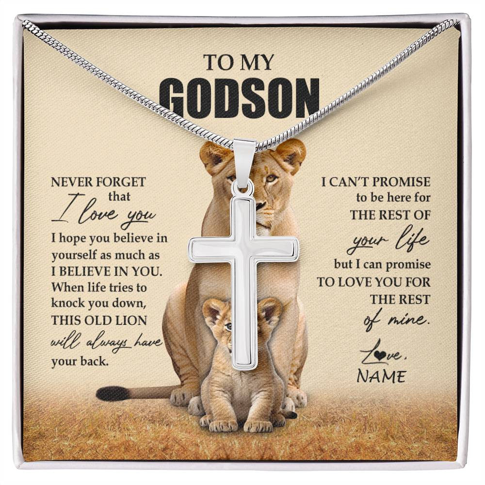 Stainless Cross Necklace Stainless Steel | 1 | Personalized To My Godson Necklace From Godmother Lion Never Forget That I Love You Godson Jewelry Birthday Christmas Customized Message Card | siriusteestore