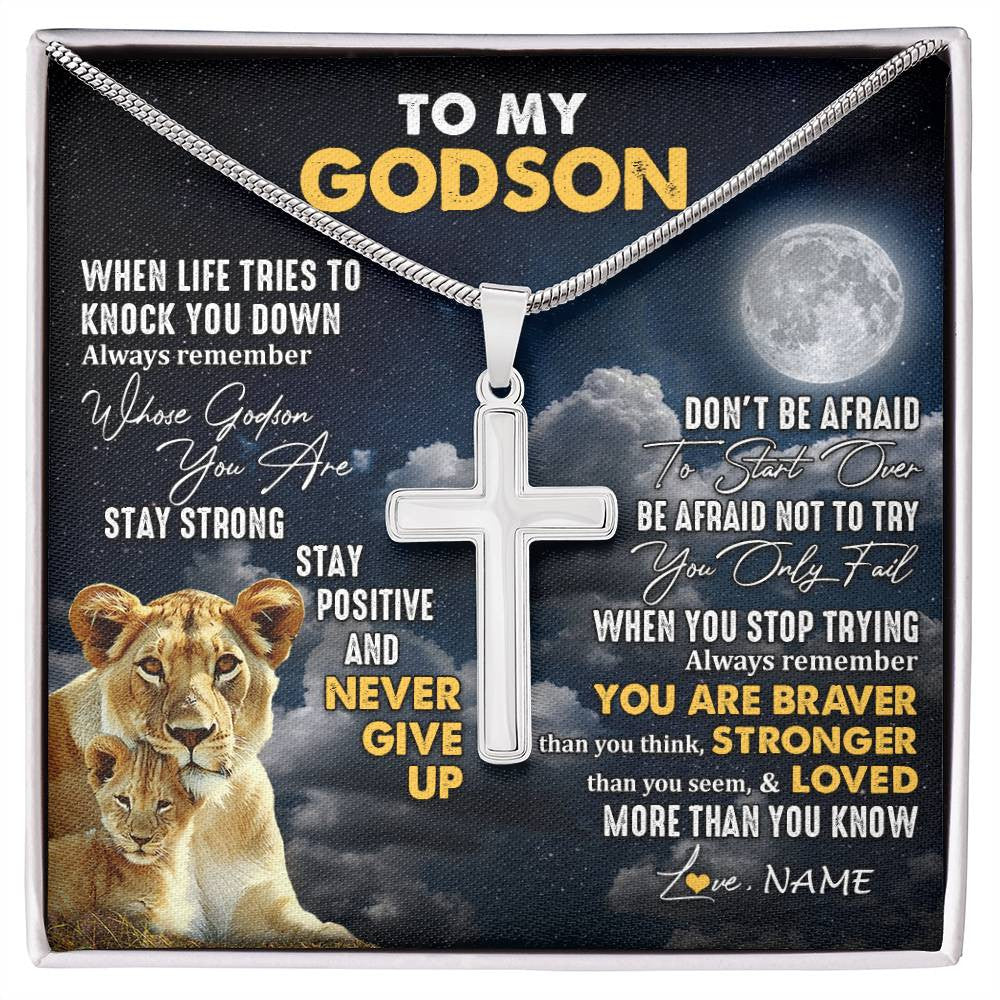 Stainless Cross Necklace Stainless Steel | 1 | Personalized To My Godson Necklace From Godmother Lion Never Give Up Godchild Birthday Graduation Christmas Jewelry Customized Gift Box Message Card | siriusteestore
