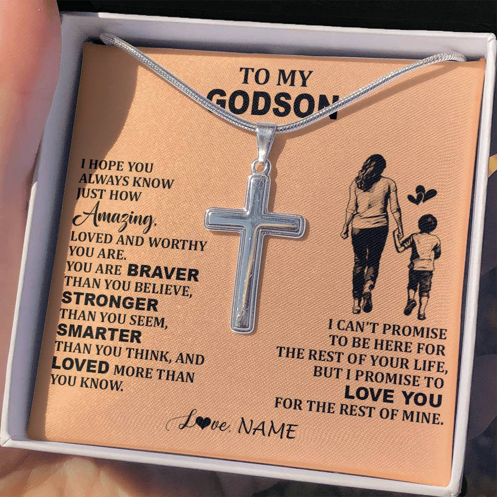 Stainless Cross Necklace Stainless Steel | 2 | Personalized To My Godson Necklace From Godmother Promise To Love You Godson Birthday Gifts Graduation Christmas Customized Gift Box Message Card | siriusteestore