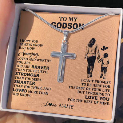 Stainless Cross Necklace Stainless Steel | 2 | Personalized To My Godson Necklace From Godmother Promise To Love You Godson Birthday Gifts Graduation Christmas Customized Gift Box Message Card | siriusteestore