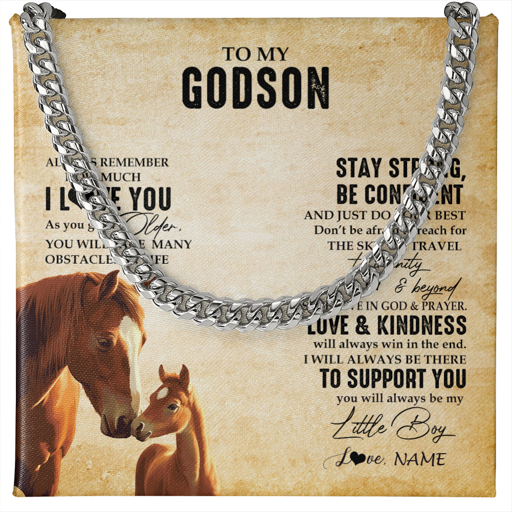 Cuban Link Chain Necklace Stainless Steel | 1 | Personalized To My Godson Necklace From Godmother Uncle Always Remember I Love You Horse Godson Birthday Graduation Christmas Customized Gift Box Message Card | siriusteestore